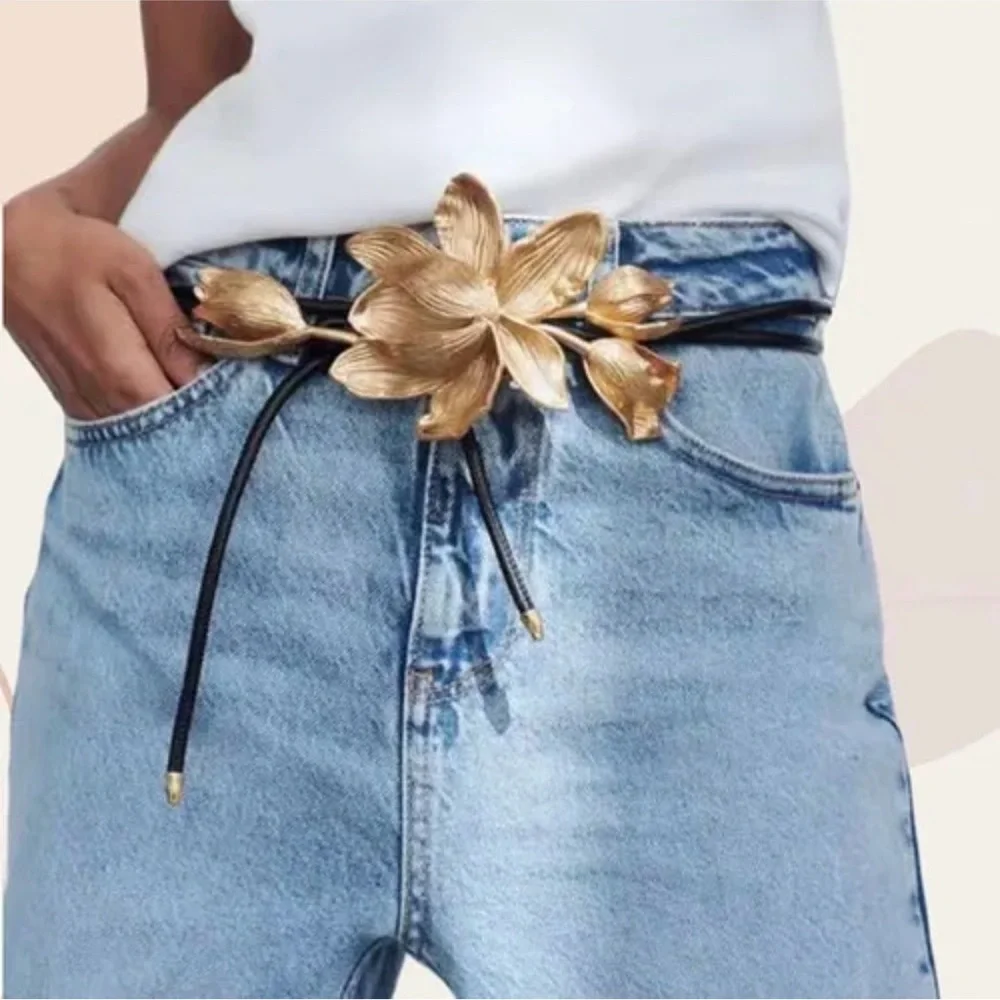 Zara 3D Flower Gold Metal & Cordon Belt One Size Fit All - Picture 6 of 8